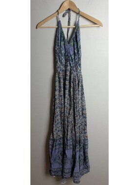 Angie Blue Paisley Floral Halter Maxi Dress Size Large 100% Rayon Women’s
